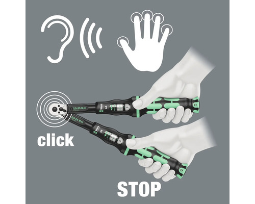 Ilustrație despre utilizarea unei chei dinamometrice cu un clic sonor pentru a indica cuplul corect