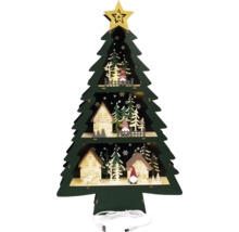 Brad decorativ de Crăciun din lemn cu iluminare cu LED, inclusiv case și figurine