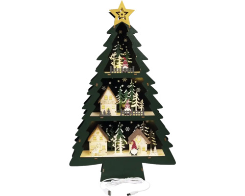 Brad decorativ de Crăciun din lemn cu iluminare cu LED, inclusiv case și figurine