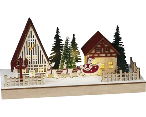 Decoratiune de Craciun cu Mos Craciun, reni, case si pomi