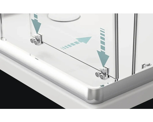 Prim-plan cu rolele unei cabine de duș cu săgeți care indică mișcarea