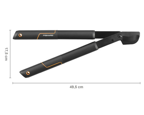 Dispozitiv de scos buruieni Fiskars cu dimensiunile de 49,5 cm pe 17,5 cm.