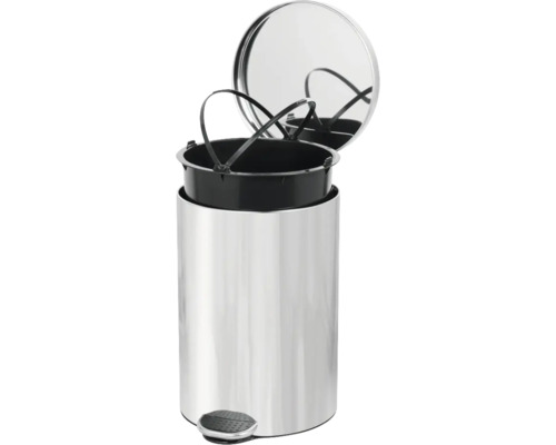 Coș de gunoi metalic cu pedală, recipient interior detașabil și capac deschis