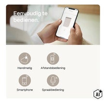 Persoană care controlează rulourile prin aplicația de smartphone și prezentarea opțiunilor de control manual, telecomandă, smartphone și voce. (Image AI modified or generated)