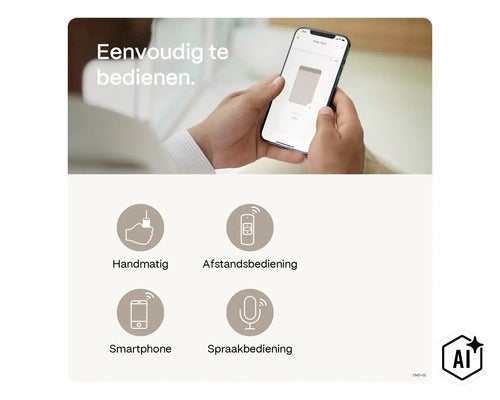 Persoană care controlează rulourile prin aplicația de smartphone și prezentarea opțiunilor de control manual, telecomandă, smartphone și voce. (Image AI modified or generated)