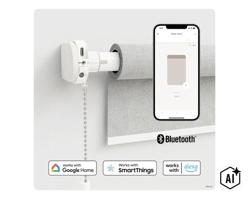 Motor inteligent pentru jaluzele cu acționare prin lanț, controlabil prin aplicație mobilă, compatibil cu Google Home, SmartThings și Alexa. (Image AI modified or generated)