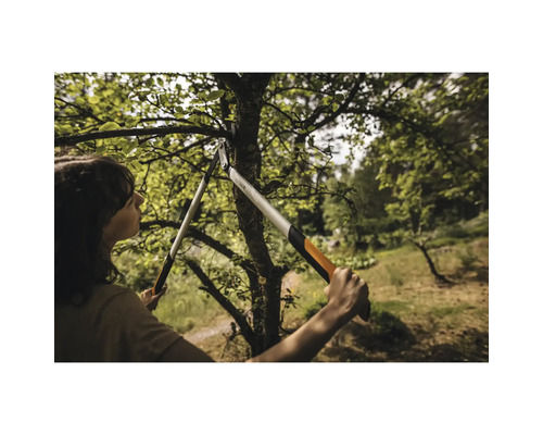 O femeie taie un copac cu un clește de ramuri