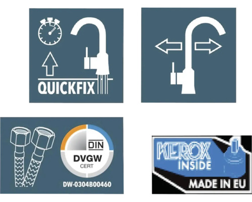 Simboluri pentru montare rapidă, interval de pivotare, certificat DIN DVGW și Fabricat în UE