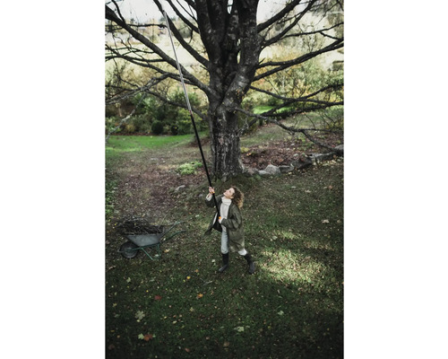 Femeie folosind un foarfece de crengi cu mâner telescopic sub un copac în grădină.