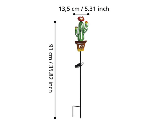 Imaginea unui cactus cu floare într-un ghiveci pe un băț cu panou solar, înălțimea este de 91 cm și lățimea de 13,5 cm.