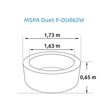 Imagine cu dimensiunile MSPA Duet F-DU062W cu un diametru de 1,73 metri, un diametru interior de 1,63 metri și o înălțime de 0,65 metri.
