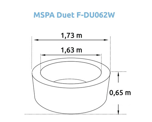 Imagine cu dimensiunile MSPA Duet F-DU062W cu un diametru de 1,73 metri, un diametru interior de 1,63 metri și o înălțime de 0,65 metri.