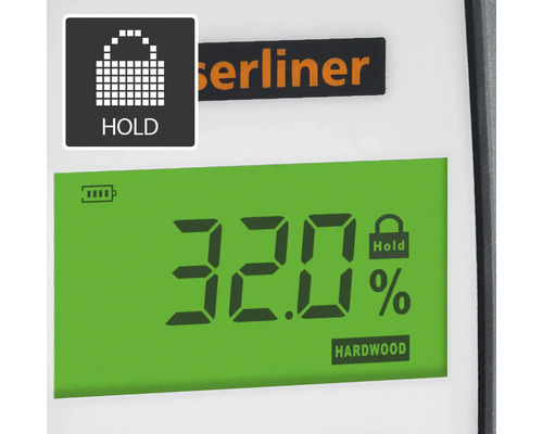 Afișajul unui higrometru pentru lemn cu funcție de reținere și afișarea conținutului de umiditate pentru lemn de esență tare