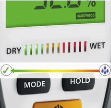 Prim-plan al unui higrometru cu afișaj pentru lemn de esență tare, niveluri de uscăciune și umiditate și butoane