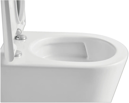 Vedere detaliată a unui WC suspendat cu capacul deschis.