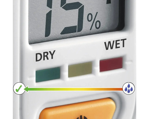 Imagine detaliată a unui higrometru cu afișaj digital și indicator de umiditate