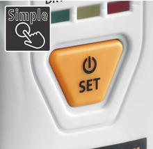 Imagine detaliată a unui buton de operare cu inscripția Set și simbolul de pornire sau oprire