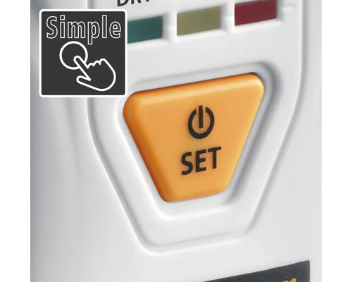 Imagine detaliată a unui buton de operare cu inscripția Set și simbolul de pornire sau oprire