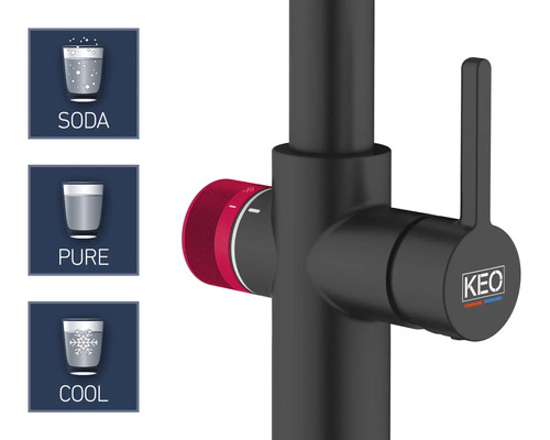 Baterie cu opțiunile Soda, Pură și Rece, precum și logo-ul Keo