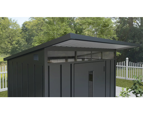 Depozit pentru unelte metalic cu acoperiș într-o singură pantă în grădină