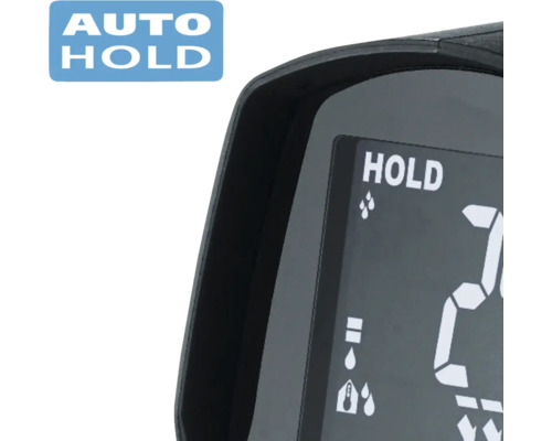 Prim-plan al unui afișaj digital cu inscripția ''Hold'' și diverse simboluri