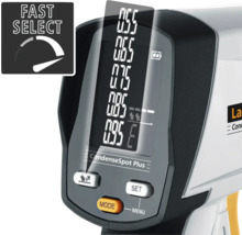 Vizualizare detaliată a unui higrometru cu pointer laser cu afișaj digital și elemente de control, precum și simbolul de selecție rapidă.