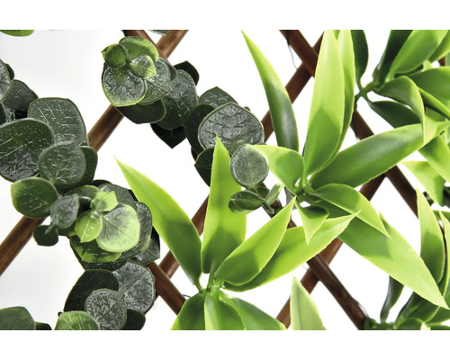 Perete artificial cu eucalipt și frunze de bambus pe grătar de lemn