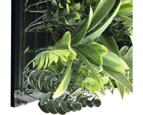 Prim-plan al unui perete vegetal artificial cu diverse frunze verzi