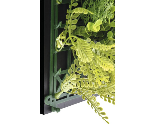 Prim-plan al unui perete artificial de plante cu sistem de fixare