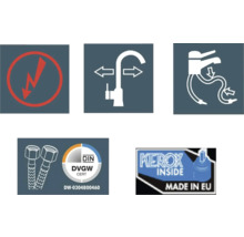 Simboluri și sigilii de calitate pentru un robinet: Avertisment privind șocurile electrice, flexibilitate, tip de conectare, certificat DIN DVGW, Kerox Inside Made in EU