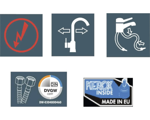 Simboluri și sigilii de calitate pentru un robinet: Avertisment privind șocurile electrice, flexibilitate, tip de conectare, certificat DIN DVGW, Kerox Inside Made in EU