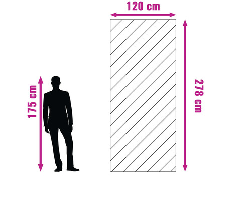 Ilustrație a dimensiunilor produsului: 120 cm lățime și 278 cm înălțime cu o persoană de exemplu de 175 cm înălțime.