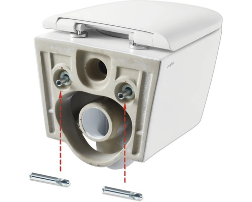 Prim-plan cu un vas de toaletă suspendat, cu instrucțiuni de asamblare.