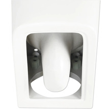 Vizualizare detaliată a unui vas de toaletă alb cu elemente de fixare