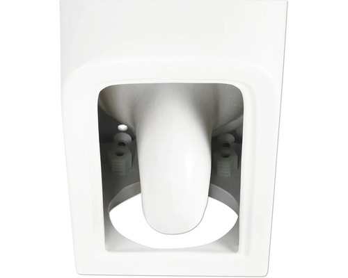 Vizualizare detaliată a unui vas de toaletă alb cu elemente de fixare