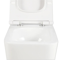 WC suspendat alb, cu spălare profundă, cu margine deschisă și scaun de toaletă