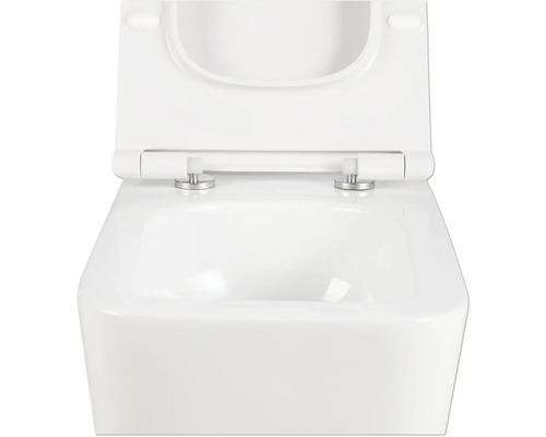 WC suspendat alb, cu spălare profundă, cu margine deschisă și scaun de toaletă