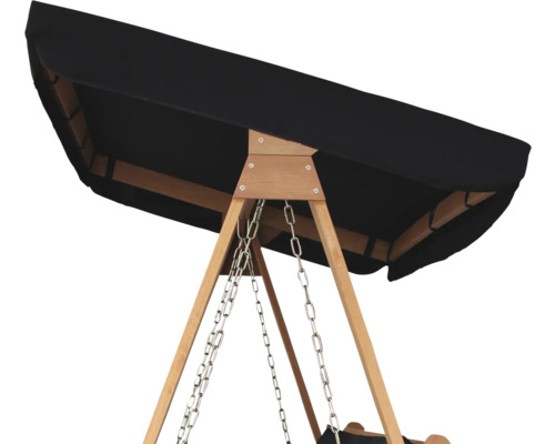 Imagine detaliată a unui balansoar de grădină cu cadru din lemn și parasolar negru.
