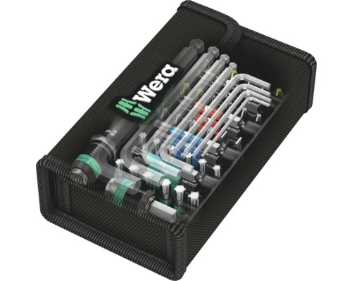 Set de scule Logo Wera cu diverse șurubelnițe și biți într-o geantă textilă