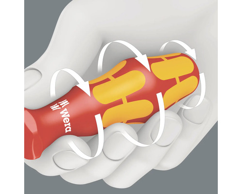 Mâner ergonomic pentru șurubelniță cu logo-ul Wera și săgeți care ilustrează cuplul