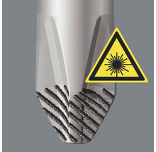Imagine detaliată a unui burghiu cu simbol de marcare cu laser. Avertisment privind radiațiile laser.