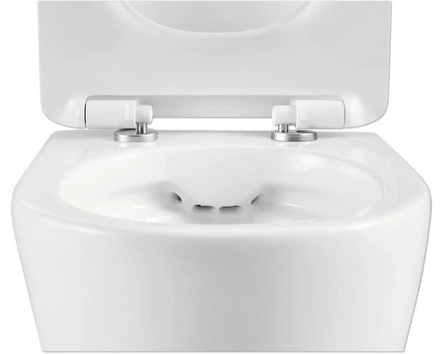 Vas WC suspendat cu spălare profundă, cu margine deschisă de spălare și capac WC