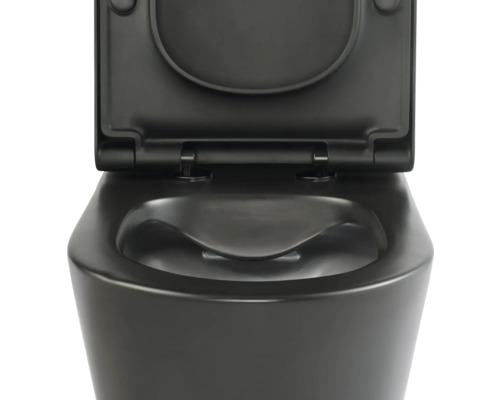 Toaletă suspendată neagră cu capacul deschis