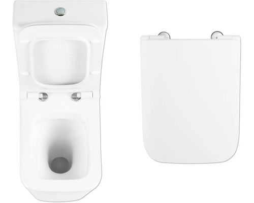 Vedere de sus a unui vas de toaletă cu capacul deschis și un scaun de toaletă separat