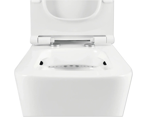 Vizualizare detaliată a unei toalete albe cu capacul deschis