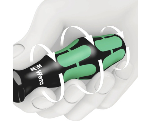 Logo Wera pe mânerul șurubelniței în mână cu săgeți de rotație