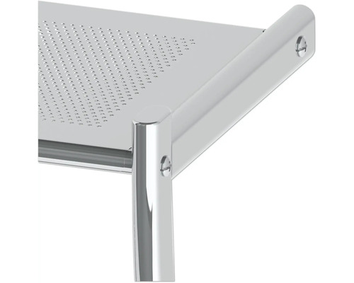 Vizualizare detaliată a unui raft cu suprafață perforată și cadru metalic