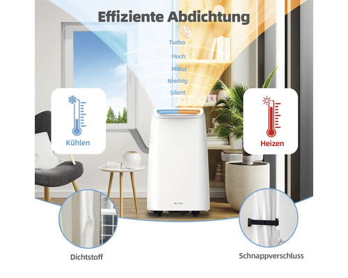 Aparat de aer condiționat mobil în camera de zi cu funcție de răcire și încălzire, precum și etanșant și închidere cu clip pentru etanșare eficientă.