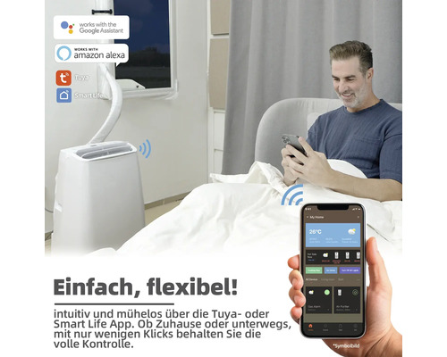 Aparat de aer condiționat mobil cu un bărbat în pat și control prin aplicația de pe telefonul inteligent