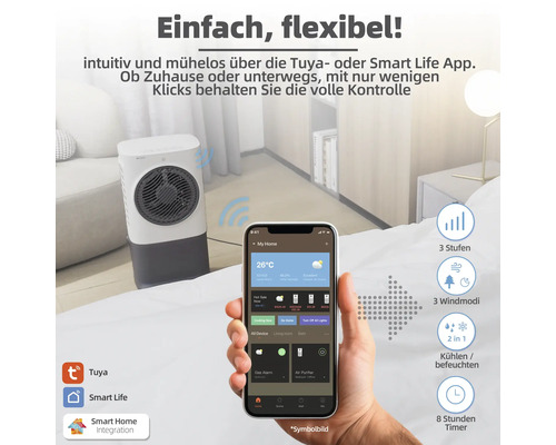 Purificator de aer cu control prin smartphone într-o cameră de zi modernă.